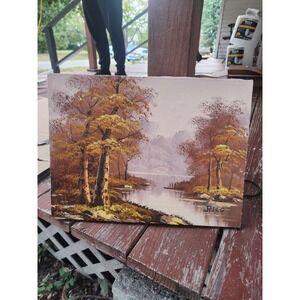 Vintage Original Oil On Canvas‎ Autumn River Landscape Painting, Signed